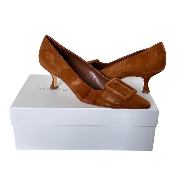 Manolo Blahnik Shoes - Manolo Blahnik Maysale Suede Buckle Kitten Heel Pumps Cognac Brown Size EU 38